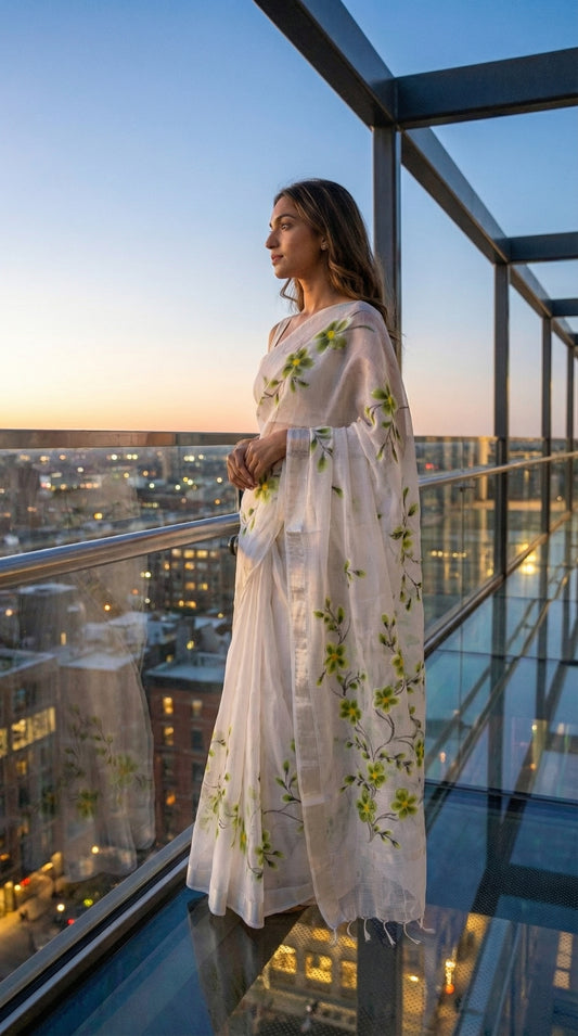 Woman in a white-green-floral-kota-doria-saree, standing on a balcony overlooking a cityscape at dusk.