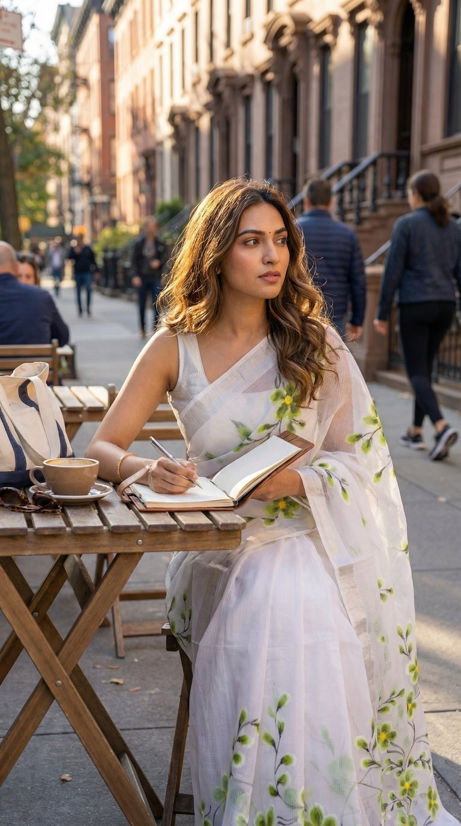 Woman in a white-green-floral-kota-doria-saree, sitting at an outdoor table in an urban setting.