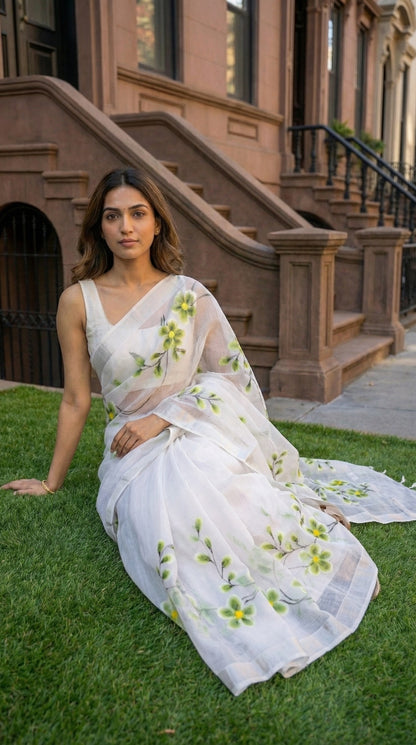 Woman in a white-green-floral-kota-doria-saree, sitting on grass in front of a building.