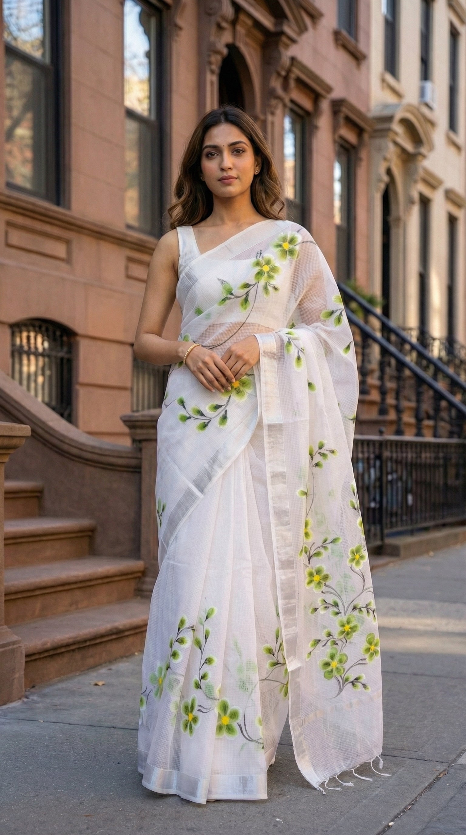 Woman in a white-green-floral-kota-doria-saree, in an urban setting