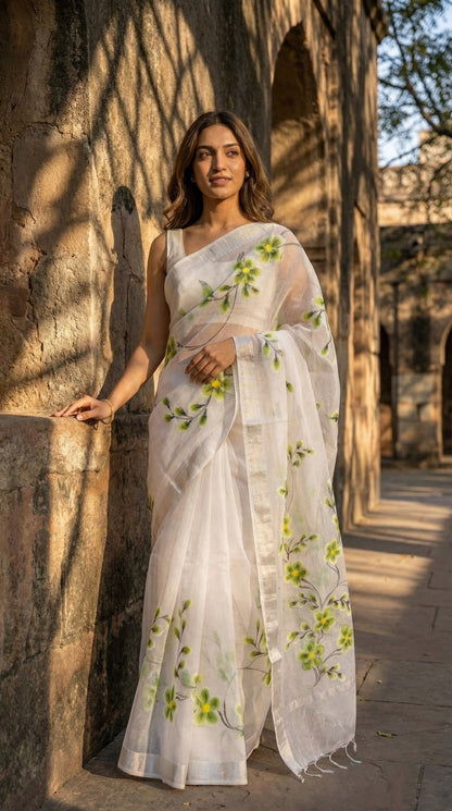 Woman in a white-green-floral-kota-doria-saree, standing against a stone wall.