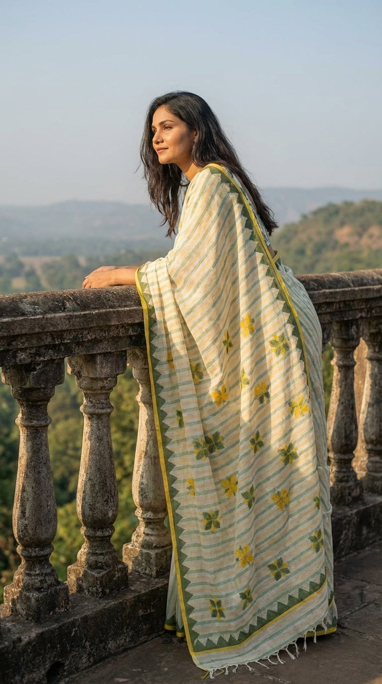 Woman in a white-green-yellow-applique-saree, standing on a balcony with a scenic view