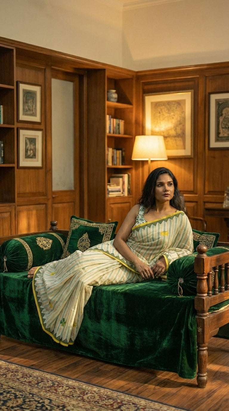 Woman in a white-green-yellow-applique-saree, sitting on a green velvet couch in a room with wooden walls and decor.