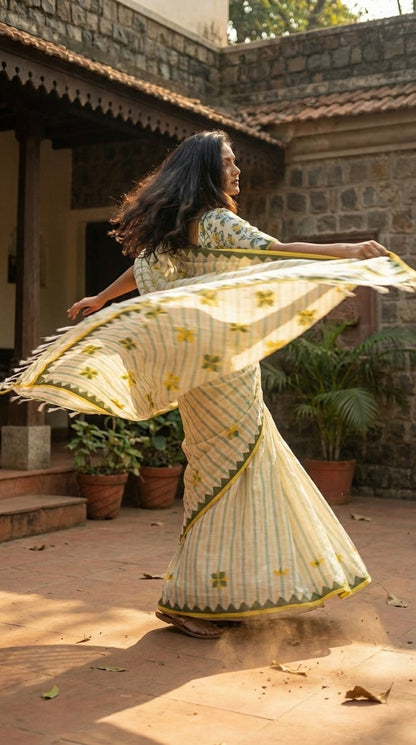 Woman in a white-green-yellow-applique-saree, in an outdoor setting.