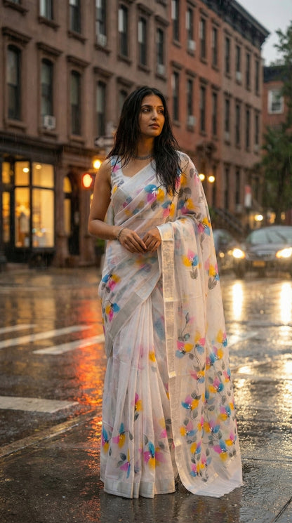Woman in a white-hand-painted-saree-floral, standing on a city street during rain.