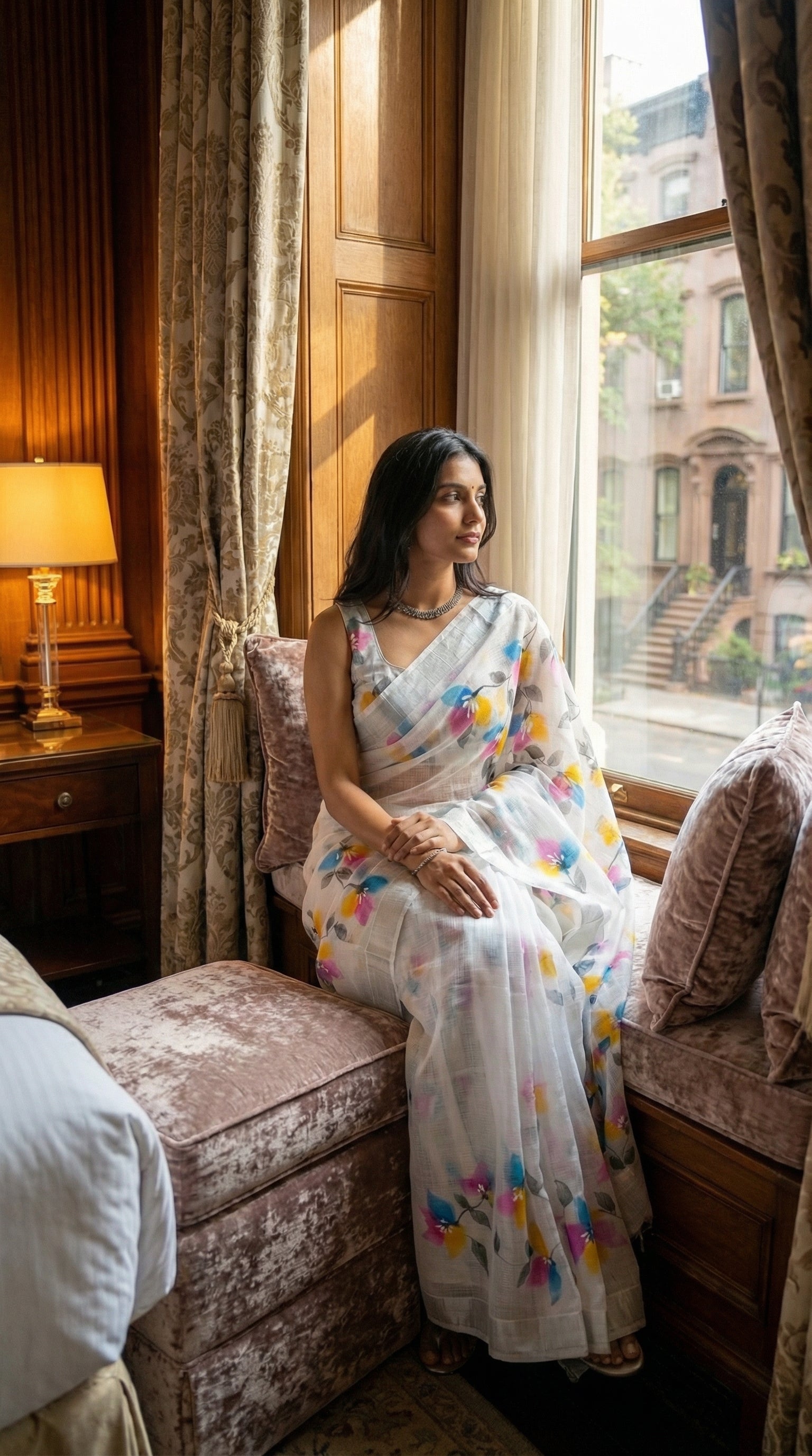 Woman in a white-hand-painted-saree-floral, sitting on a couch by a window with a view of a building.