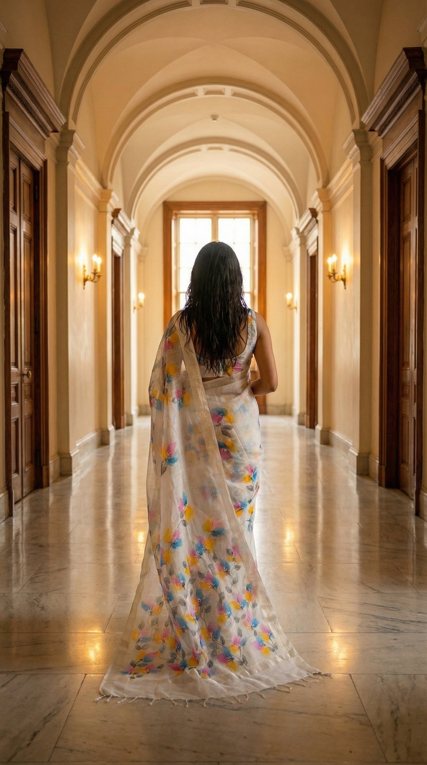 Woman in a white-hand-painted-saree-floral, walking down a grand hallway with arched doors.