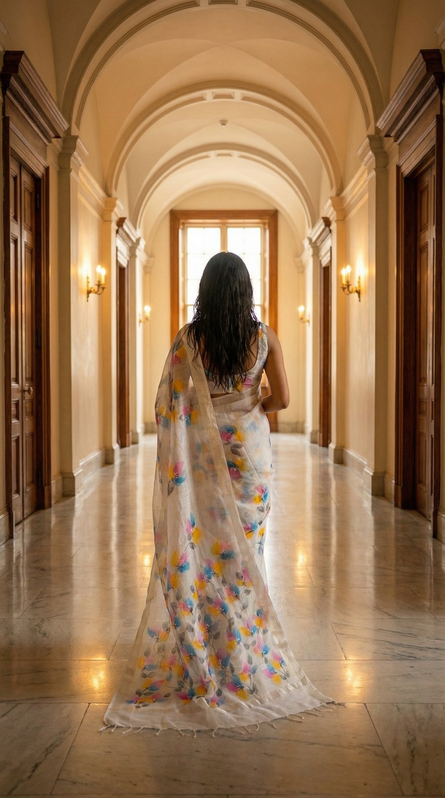 Woman in a white-hand-painted-saree-floral, walking down a grand hallway with arched doors.