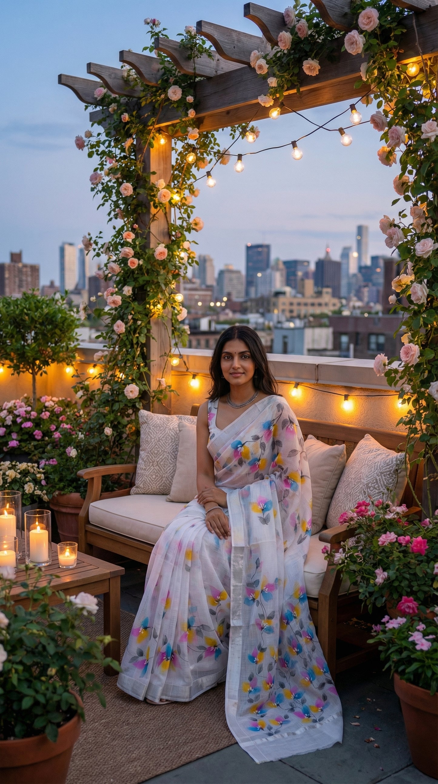 Woman in a white-hand-painted-saree-floral, sitting on a rooftop with city skyline and decorative lights.