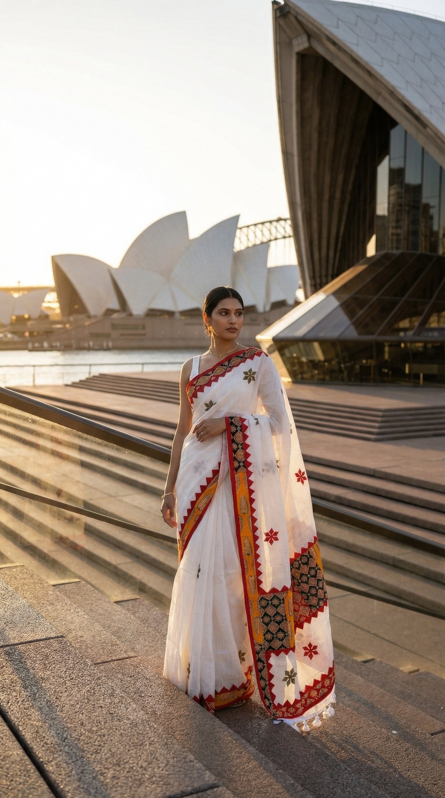 Woman in a white linen cotton saree with handcrafted applique border, standing in front of the Sydney Opera House.