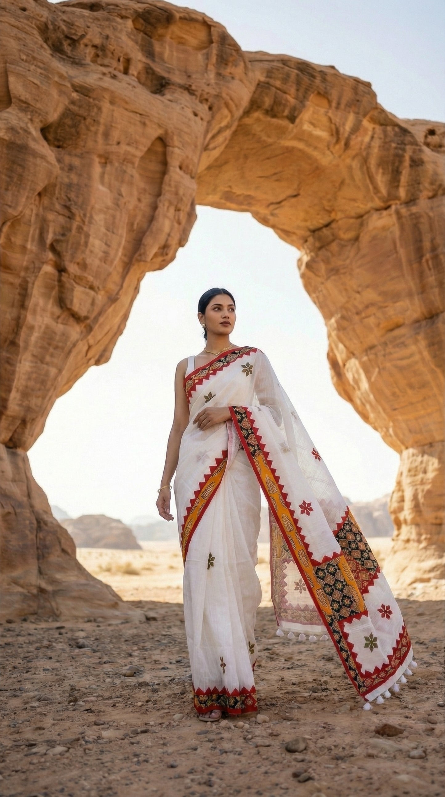 Woman in a white linen cotton saree with handcrafted applique border, standing in front of a natural rock arch in a desert landscape.