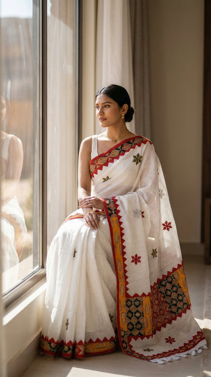 Woman in a white linen cotton saree with handcrafted applique border, sitting by a window.