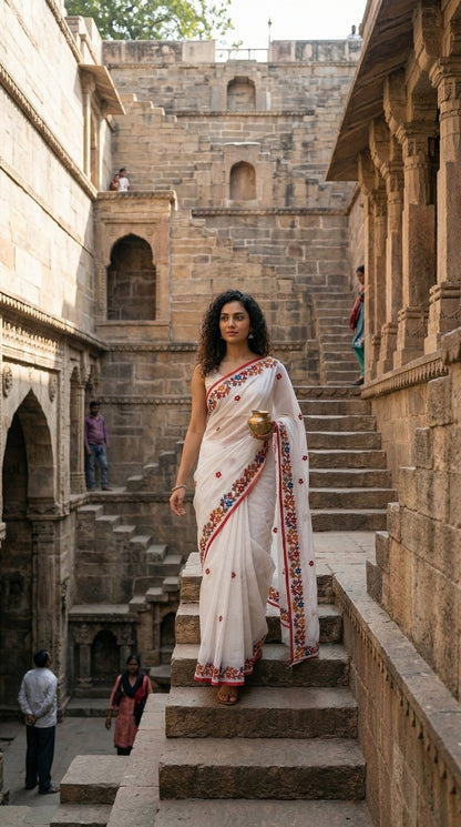 Woman in a white-kota-doria-saree, standing on stone steps in an ancient architectural setting.