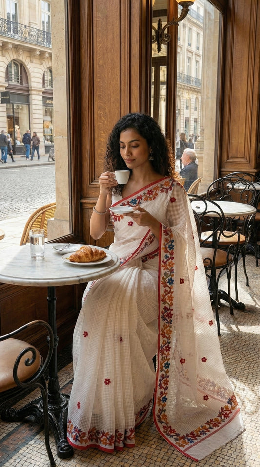 Woman in a white-kota-doria-saree, sitting at a cafe table in an urban setting.