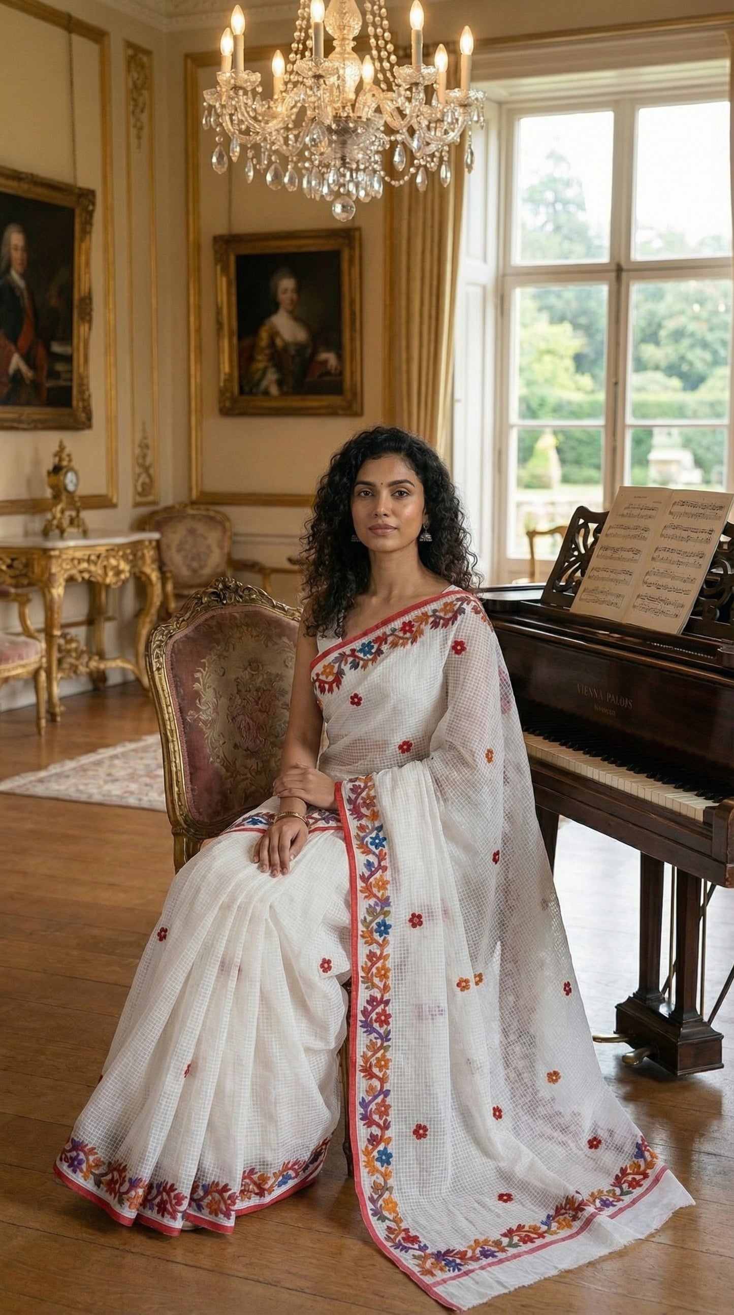Woman in a white-kota-doria-saree, sitting in a elegant room with a piano and chandelier.