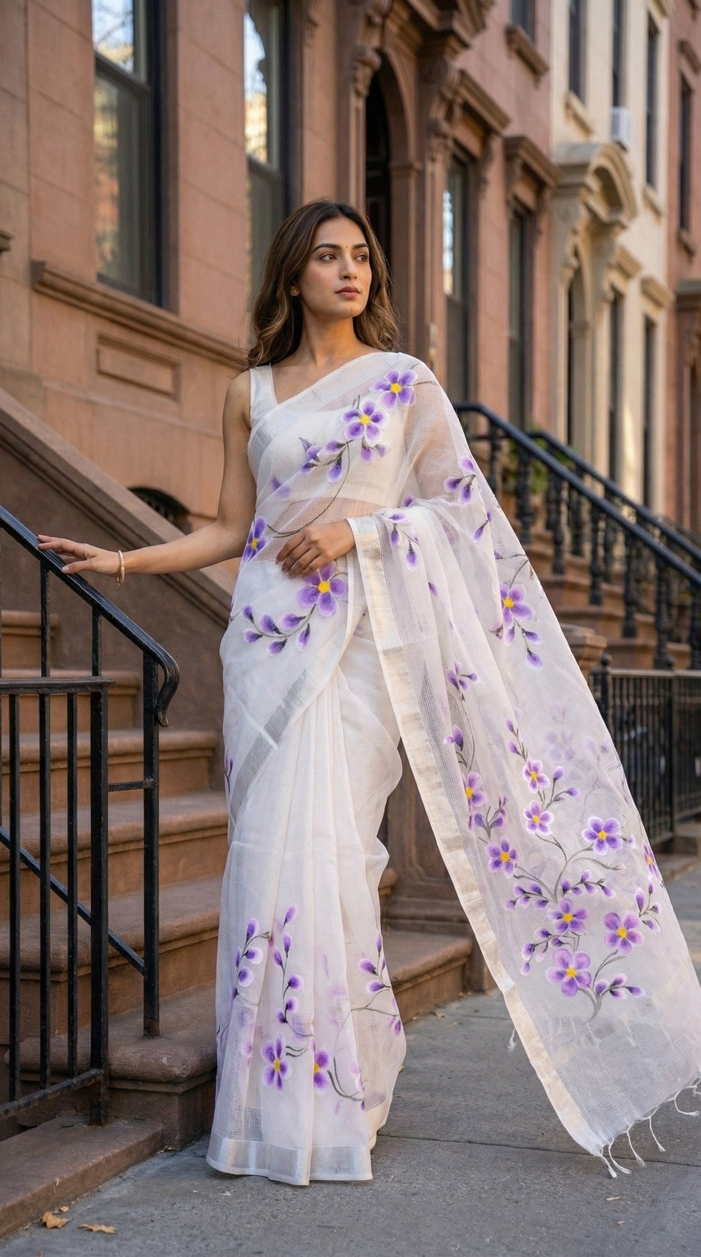 Woman wearing a white-lilac-hand-painted-kota-saree, standing on a city street.
