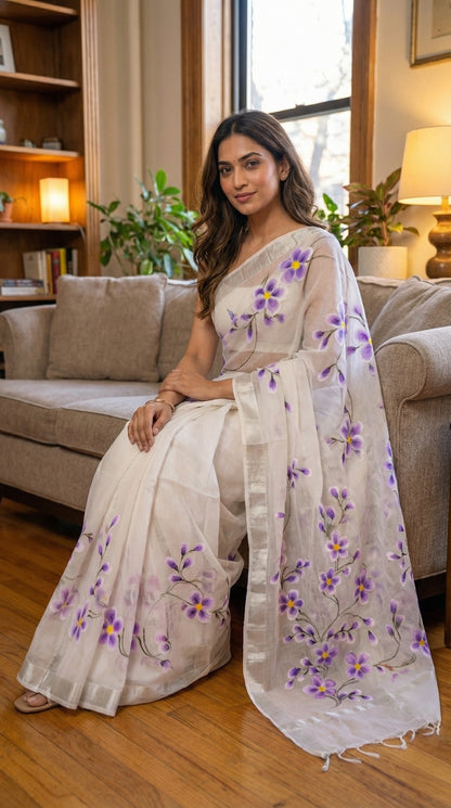 Woman wearing a white-lilac-hand-painted-kota-saree, sitting on a couch in a cozy living room.