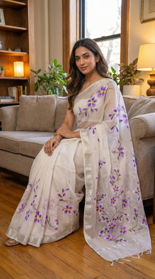 Woman wearing a white-lilac-hand-painted-kota-saree, sitting on a couch in a cozy living room.