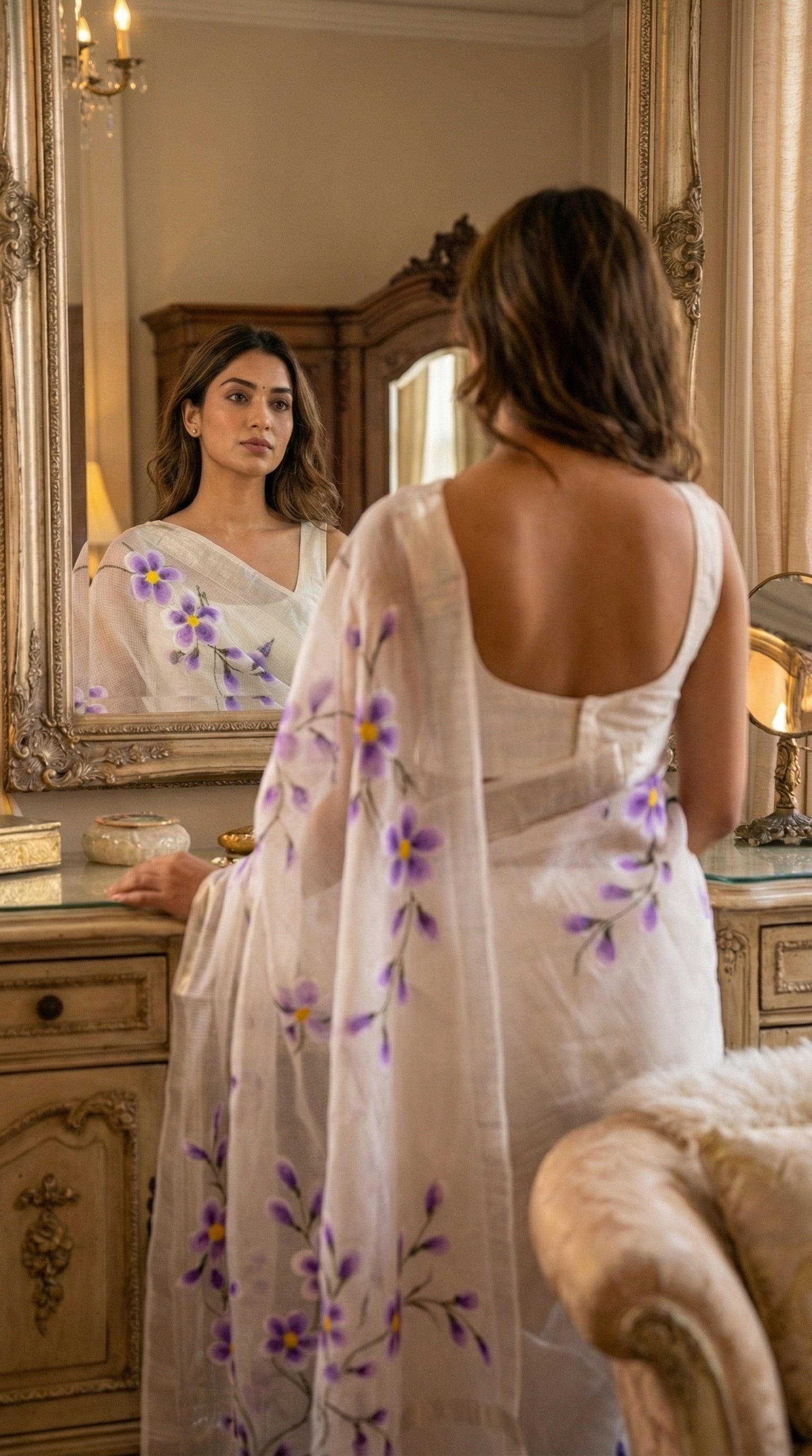 Woman wearing a white-lilac-hand-painted-kota-saree, standing in front of a mirror.