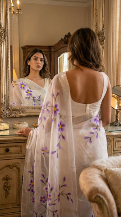 Woman wearing a white-lilac-hand-painted-kota-saree, standing in front of a mirror.