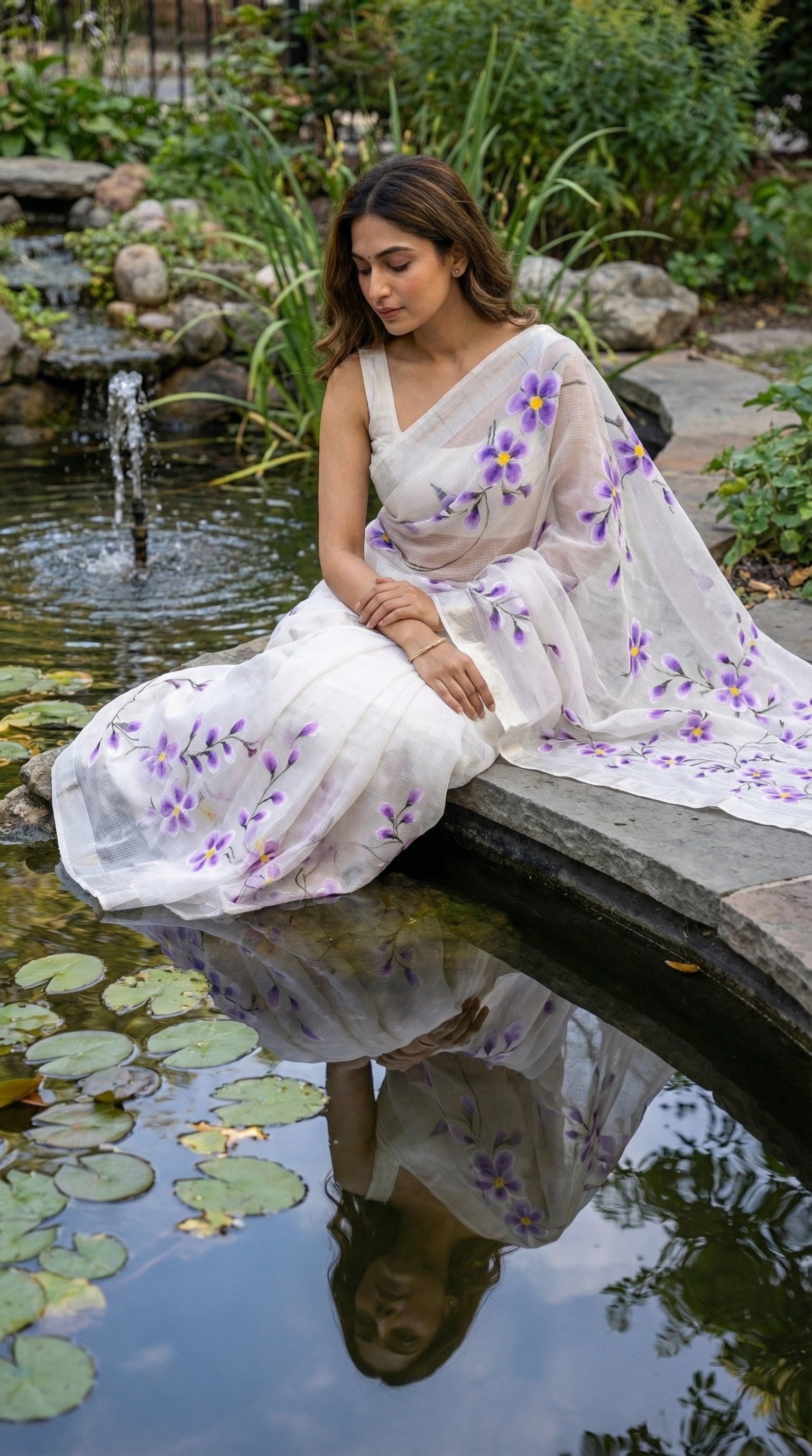 Woman wearing a white-lilac-hand-painted-kota-saree, sitting by a pond with lily pads