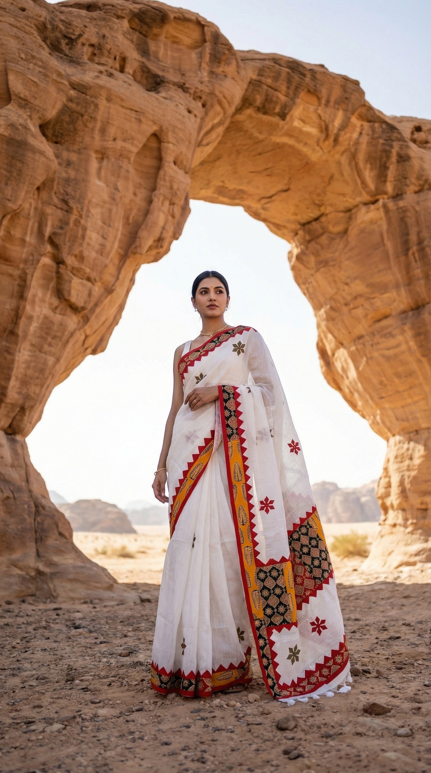 Woman in a white linen cotton saree with traditional applique border, standing in front of a natural rock arch.