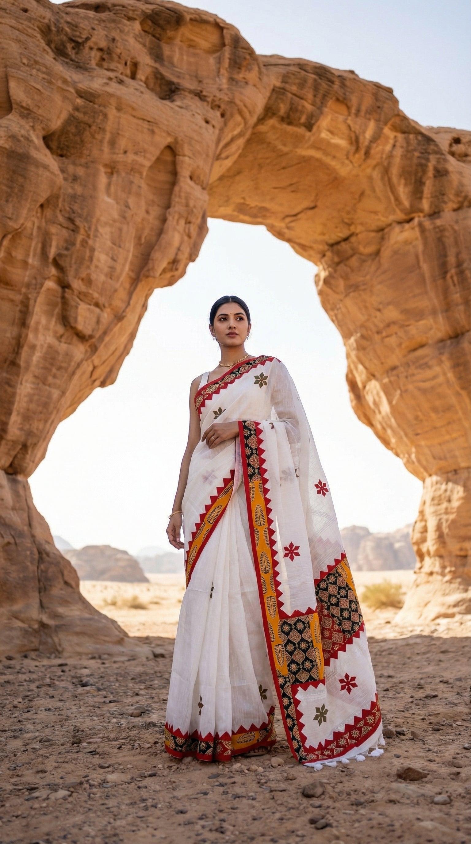 Woman in a white linen cotton saree with traditional applique border, standing in front of a natural rock arch.