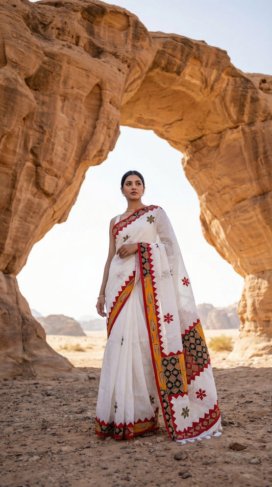 Woman in a white linen cotton saree with traditional applique border, standing in front of a natural rock arch.