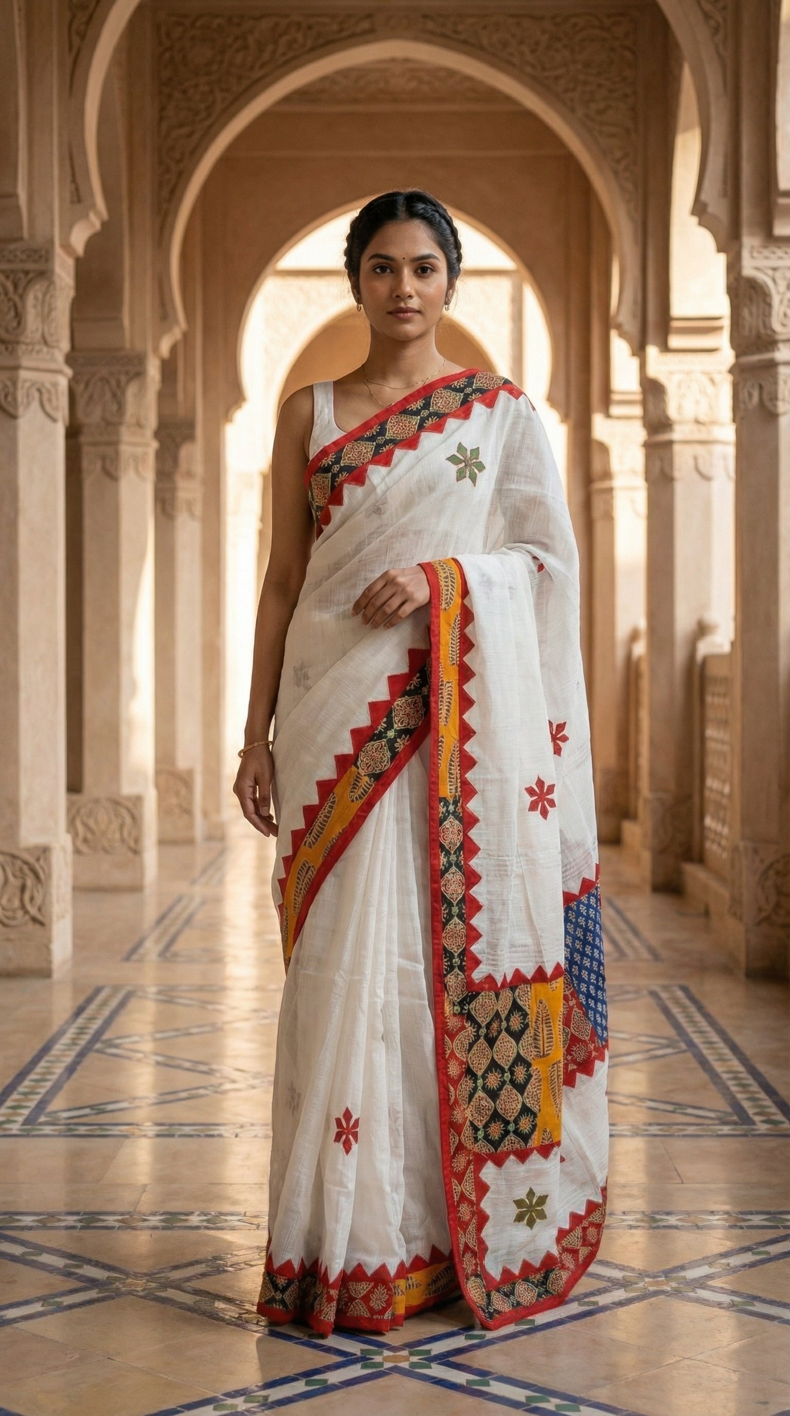 Woman in a white linen cotton saree with traditional applique border and heritage detailing, standing in an ornate architectural setting.