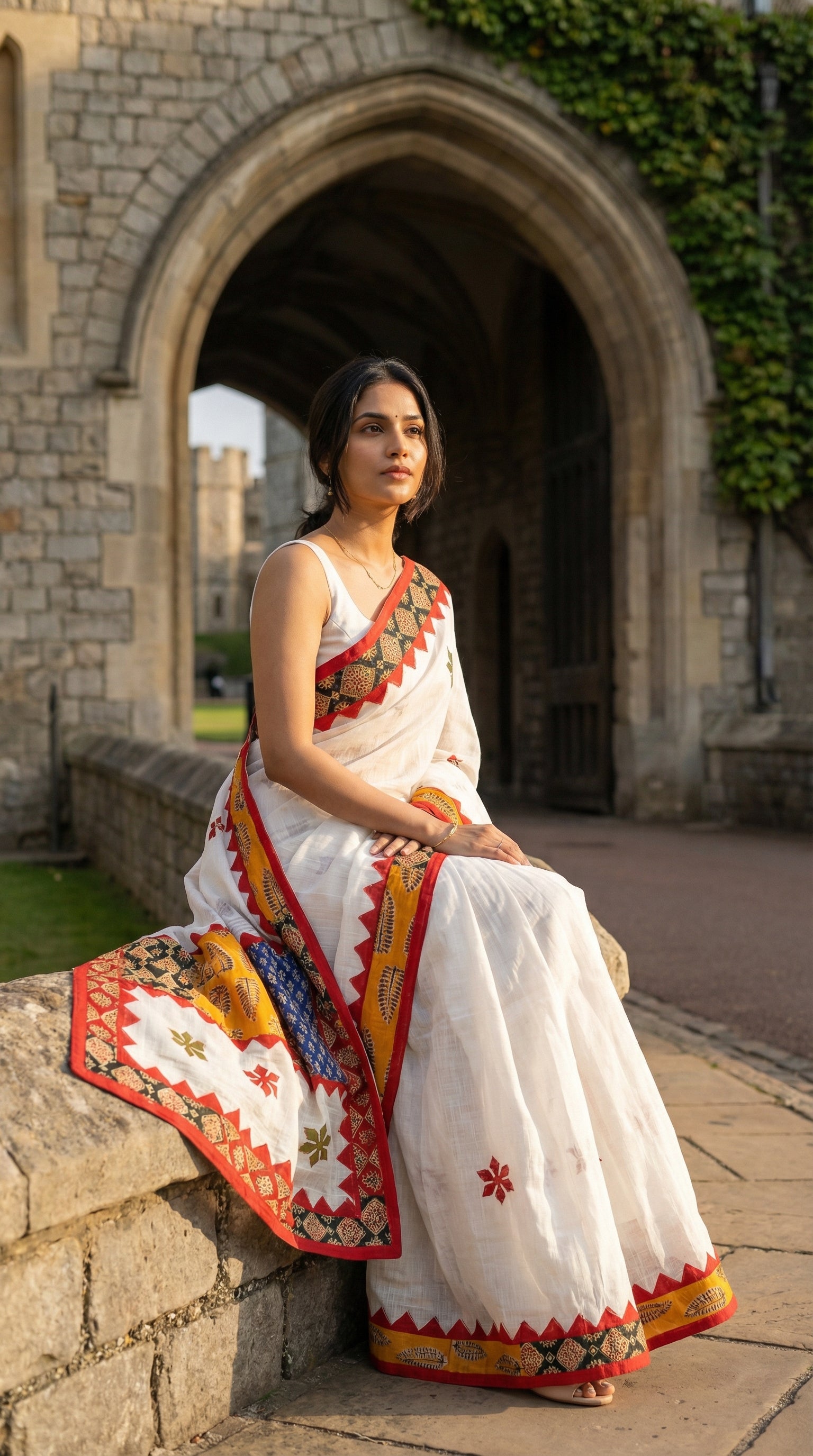 Woman in a white linen cotton saree with traditional applique border and heritage detailing, sitting in front of a stone archway.