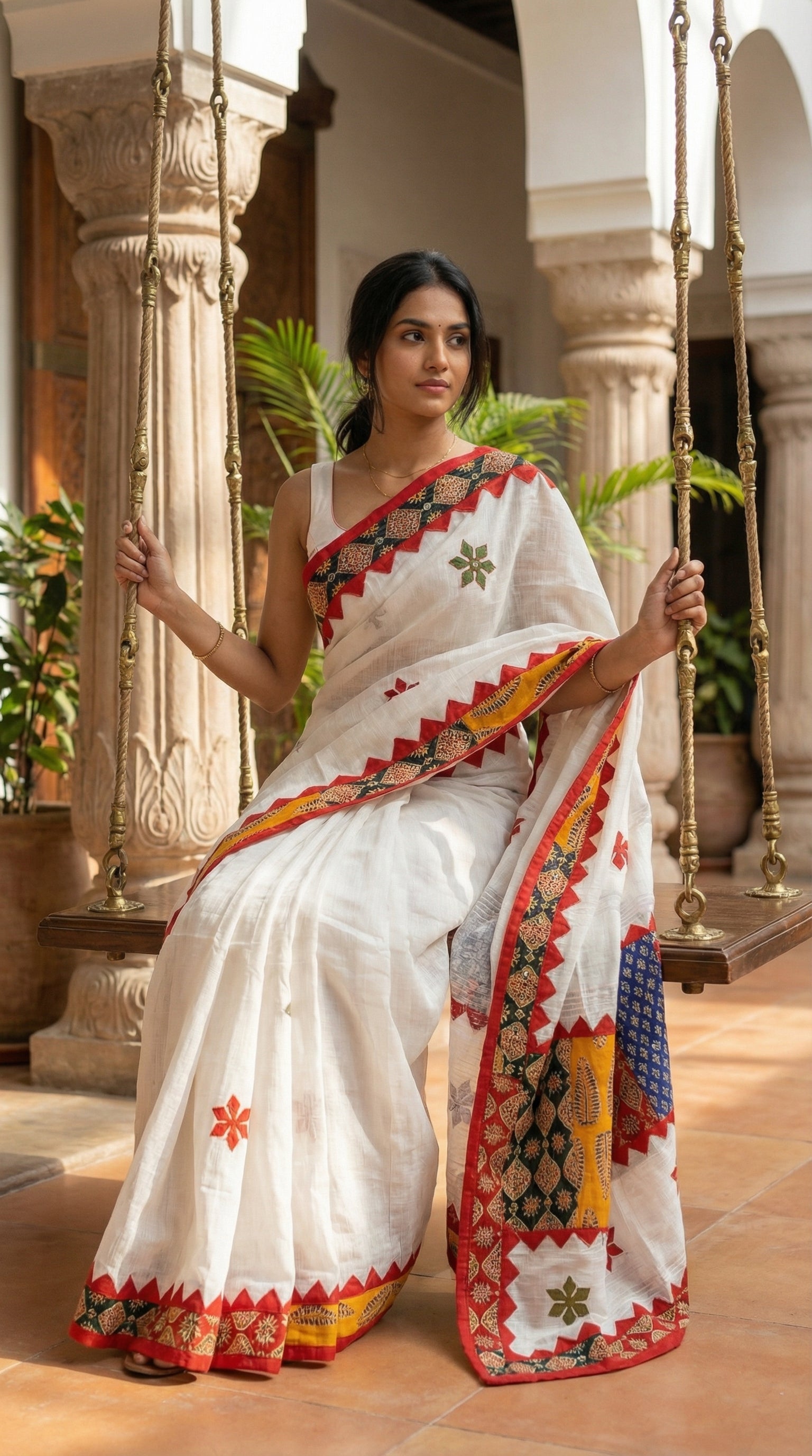 Woman in a white linen cotton saree with traditional applique border and heritage detailing, in an outdoor setting.