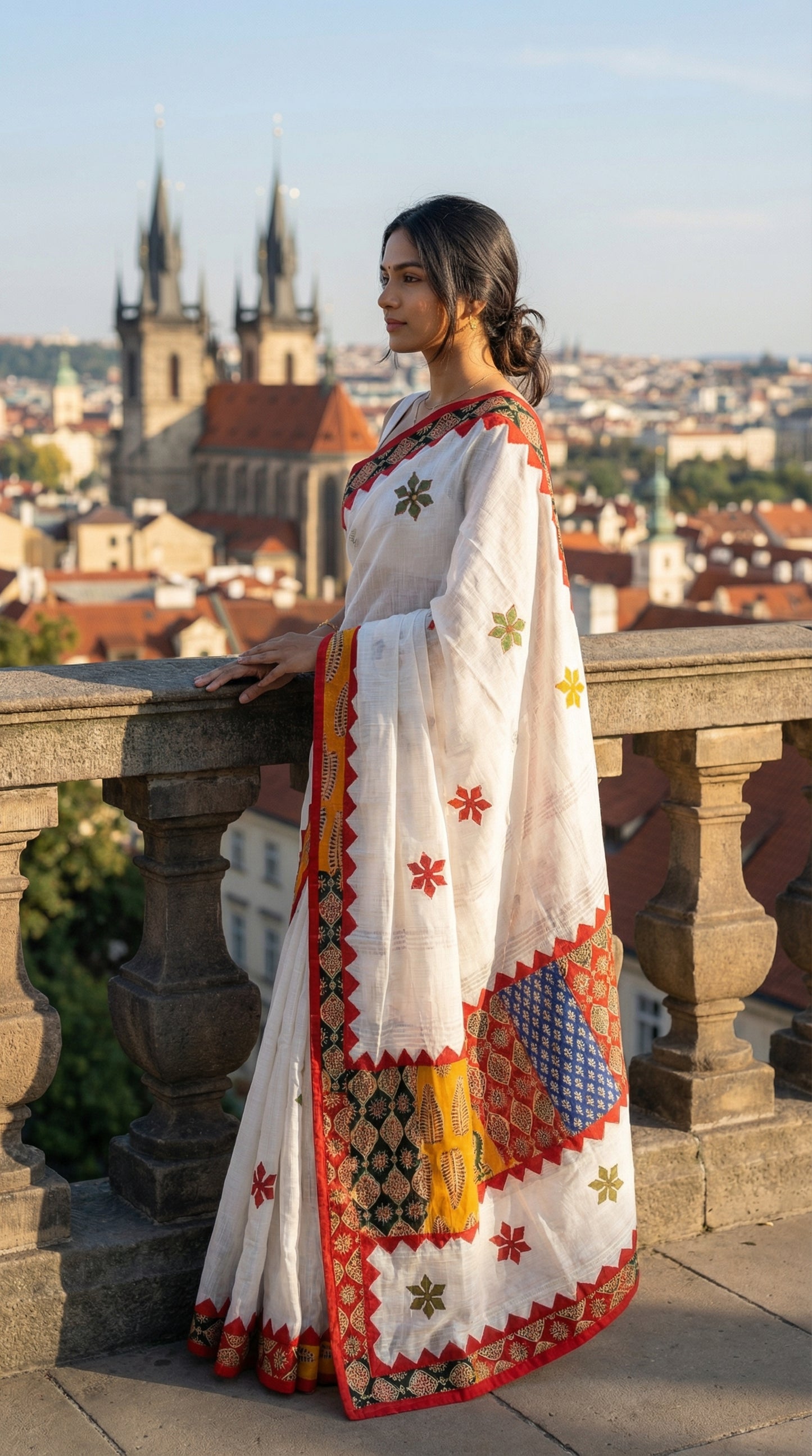 Woman in a white linen cotton saree with traditional applique border and heritage detailing, standing on a balcony overlooking a cityscape.