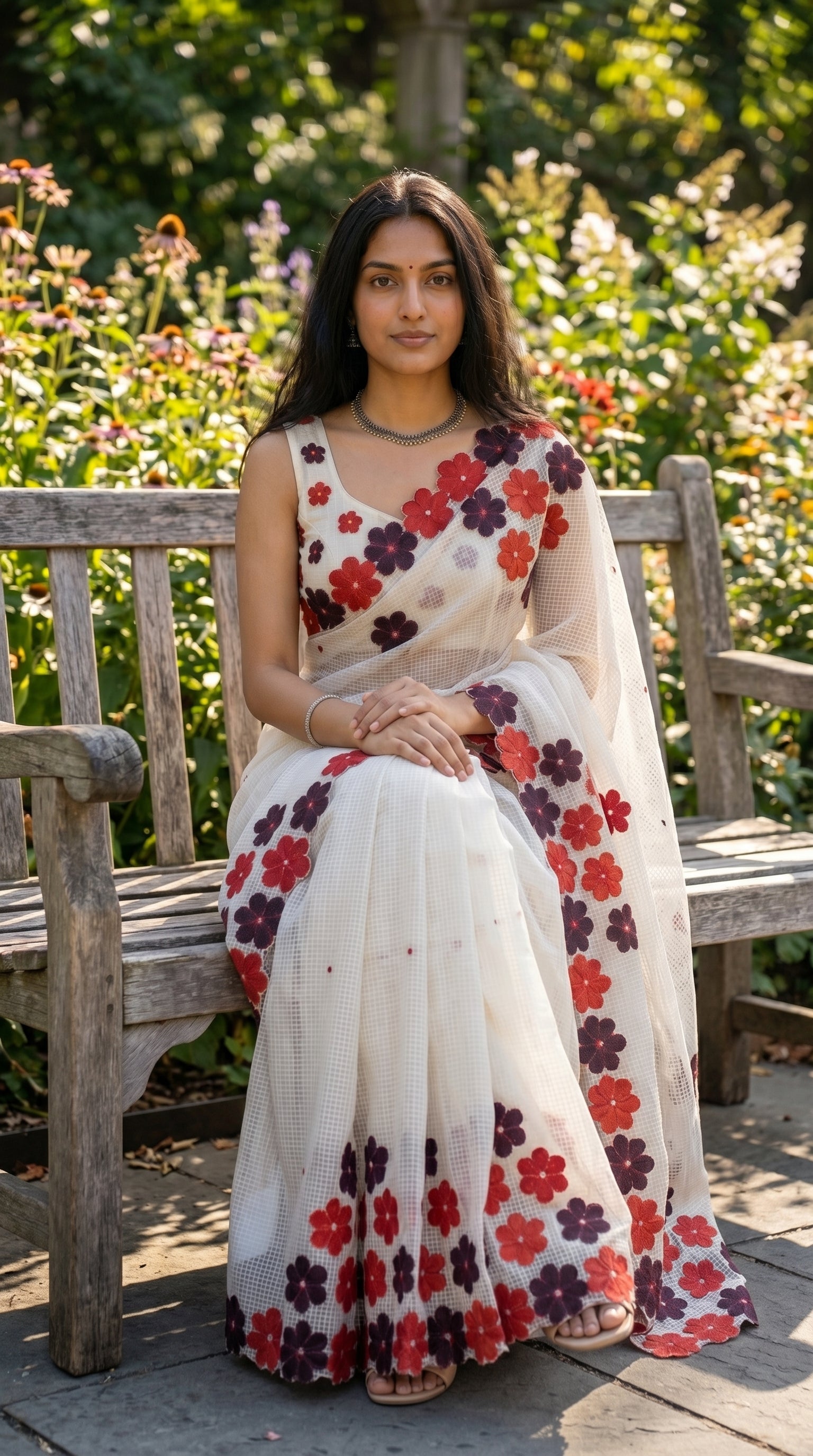 Woman in a white-maroon-brown-mirror-saree, sitting on a bench in a garden