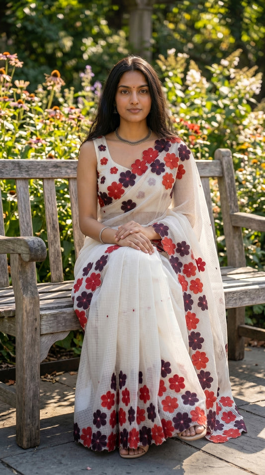 Woman in a white-maroon-brown-mirror-saree, sitting on a bench in a garden