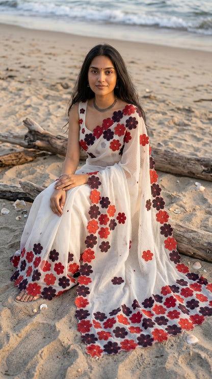 Woman in a white-maroon-brown-mirror-saree, sitting on a beach with waves in the background