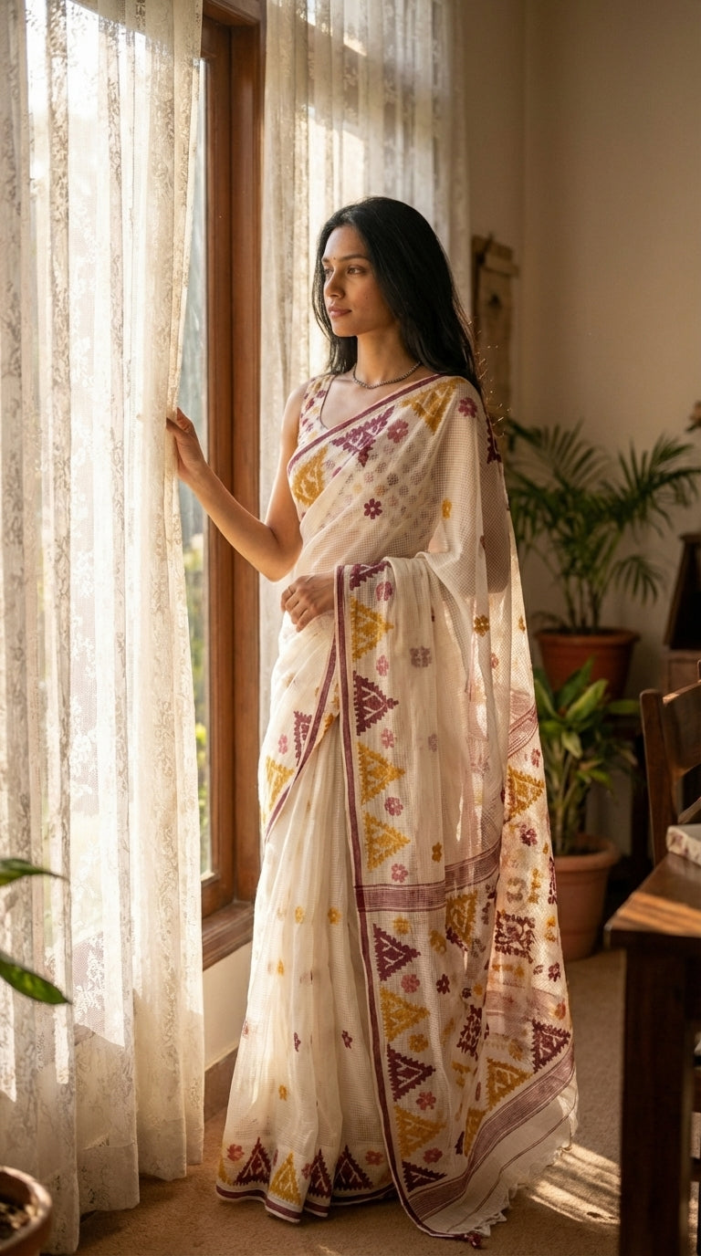 Woman in a white-mustard-maroon-applique-kota-saree, standing by a window with curtains.