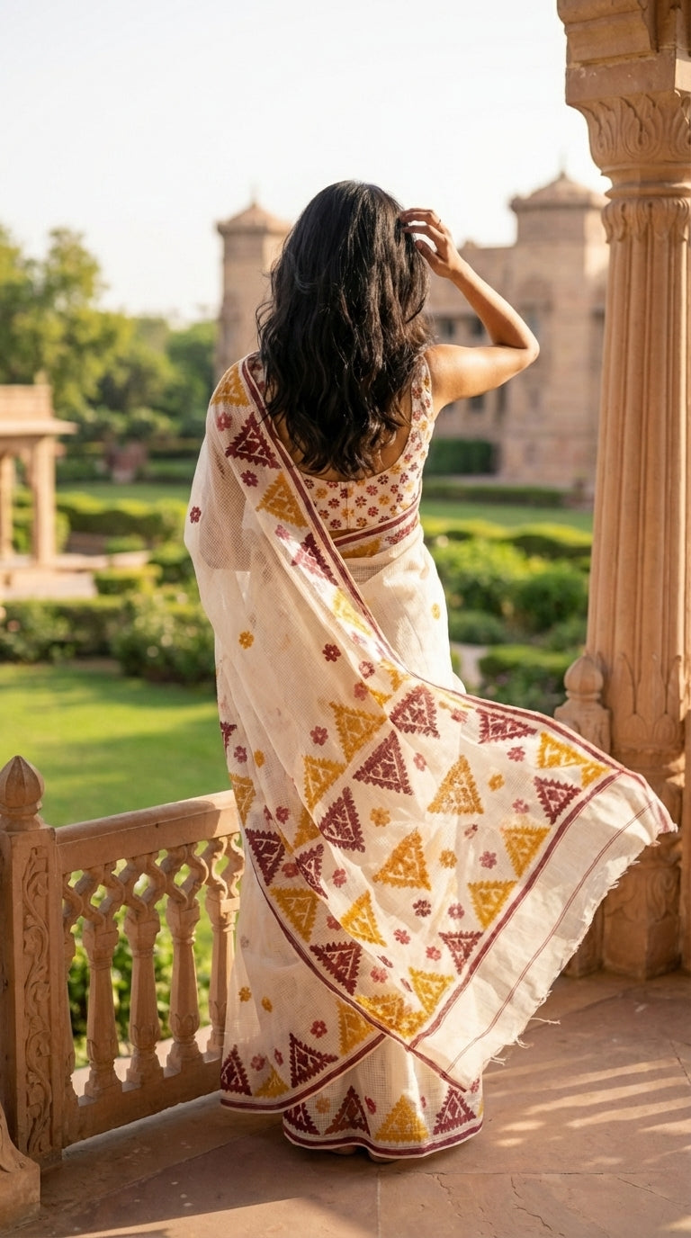 Woman in a white-mustard-maroon-applique-kota-saree, standing on a balcony with a garden view