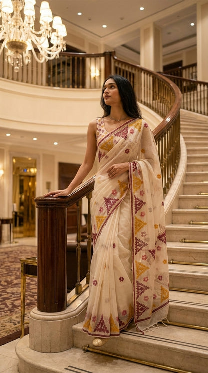 Woman in a white-mustard-maroon-applique-kota-saree, standing on a staircase in an elegant interior setting