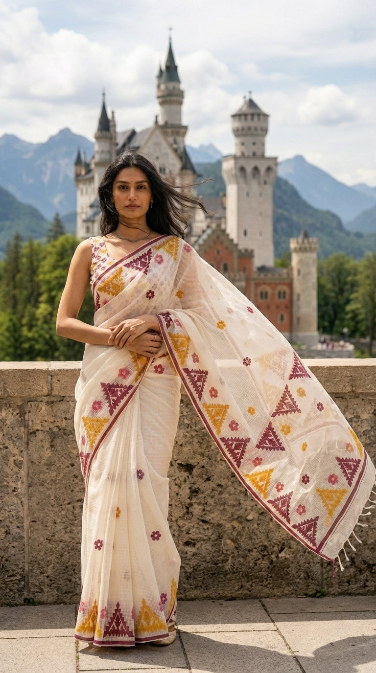 Woman in a white-mustard-maroon-applique-kota-saree, with a castle and mountains in the background