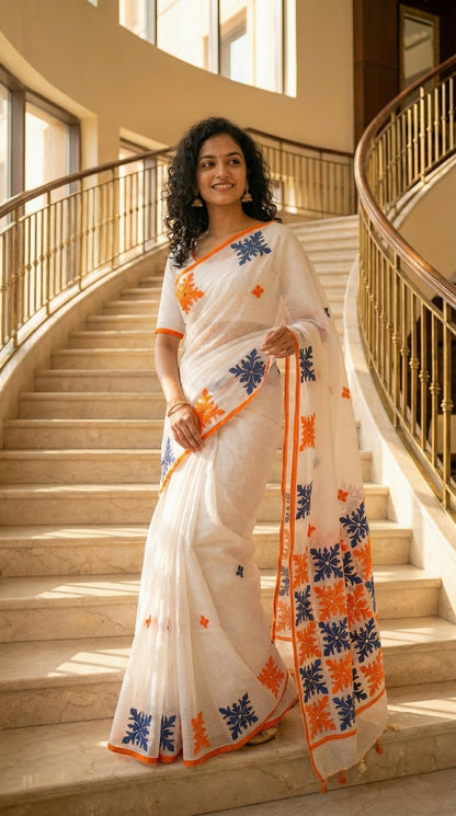 Woman in a white-orange-grey-applique-kota-saree, standing on a staircase.