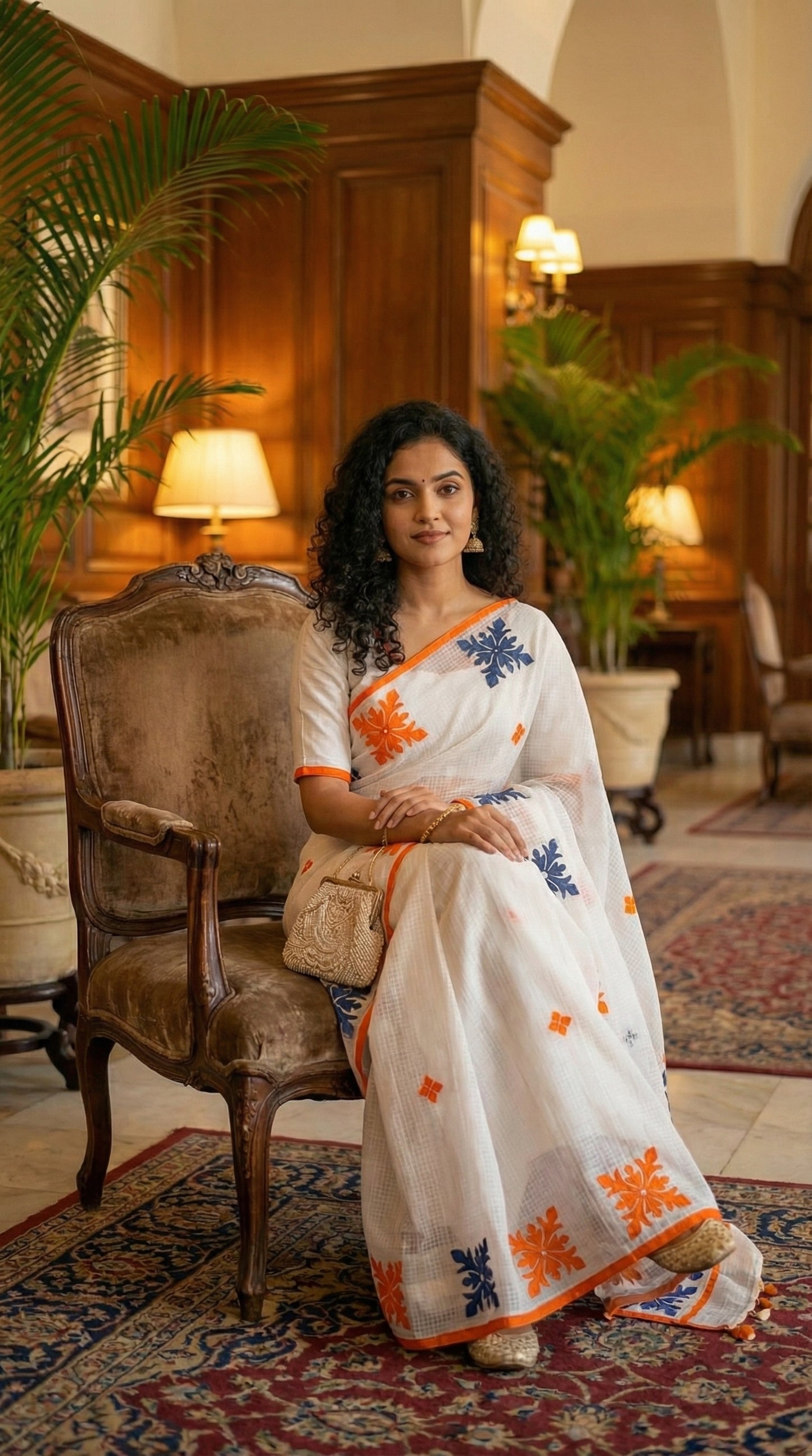 Woman in a white-orange-grey-applique-kota-saree, sitting on a decorative chair in an elegant room.