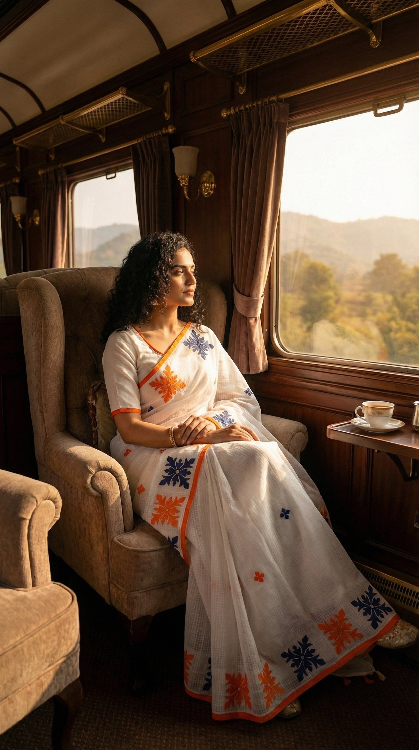 Woman in a white-orange-grey-applique-kota-saree, sitting on a train, looking out the window at scenic views.