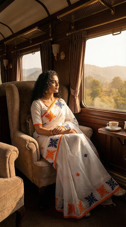 Woman in a white-orange-grey-applique-kota-saree, sitting on a train, looking out the window at scenic views.