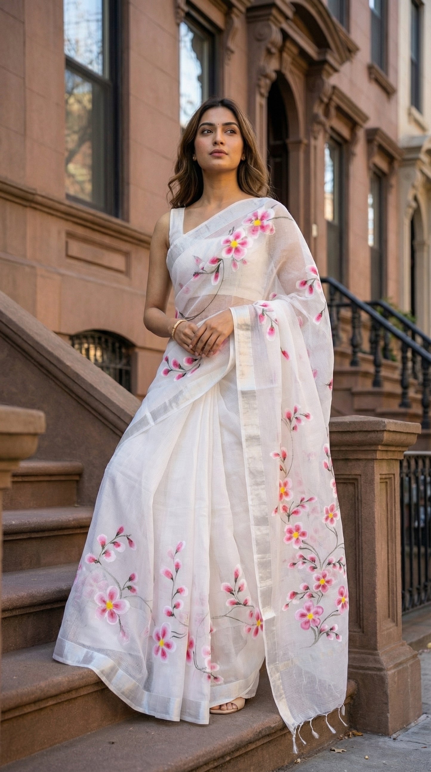 Woman wearing a white-pink-floral-kota-doria-saree, standing on a staircase in an urban setting.