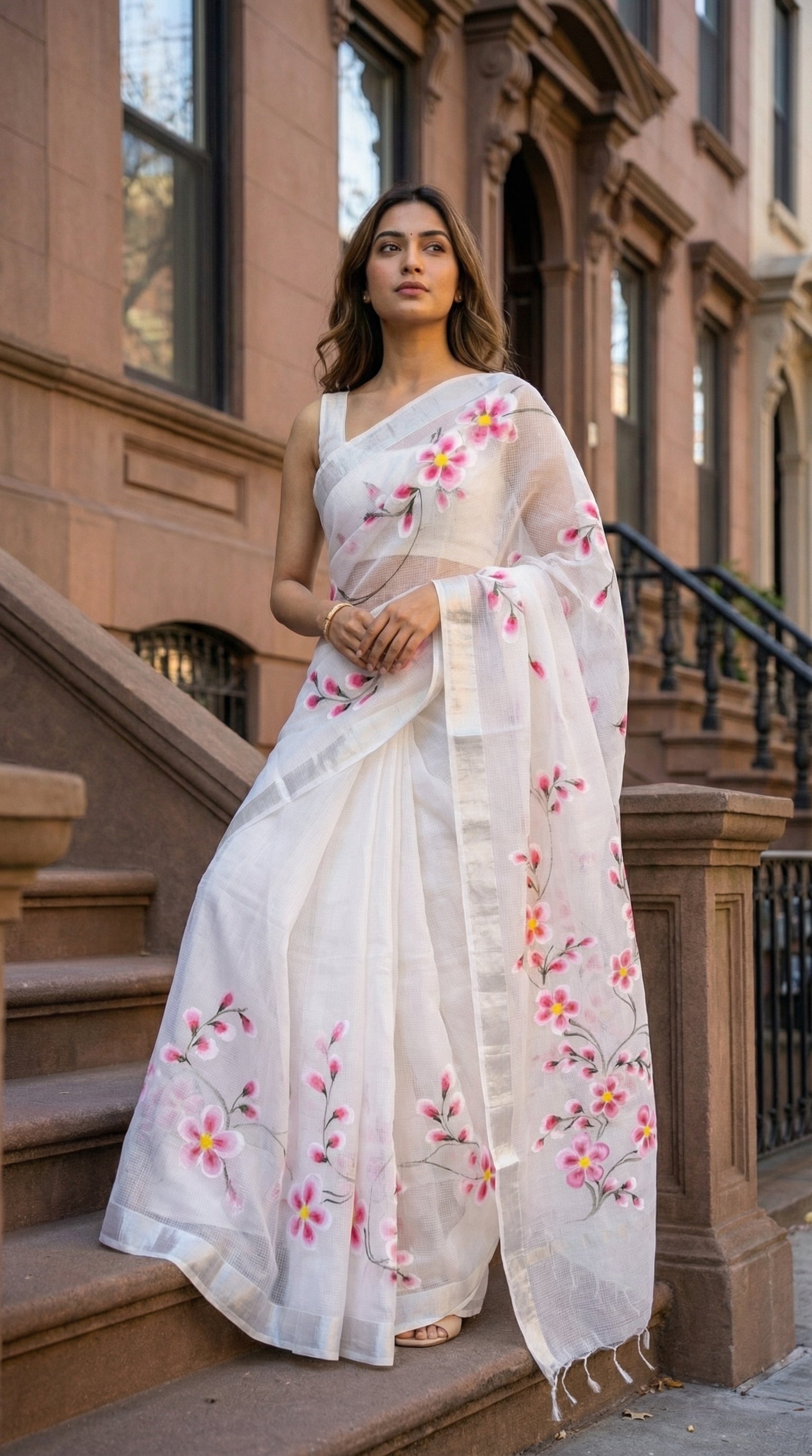 Woman wearing a white-pink-floral-kota-doria-saree, standing on a staircase in an urban setting.