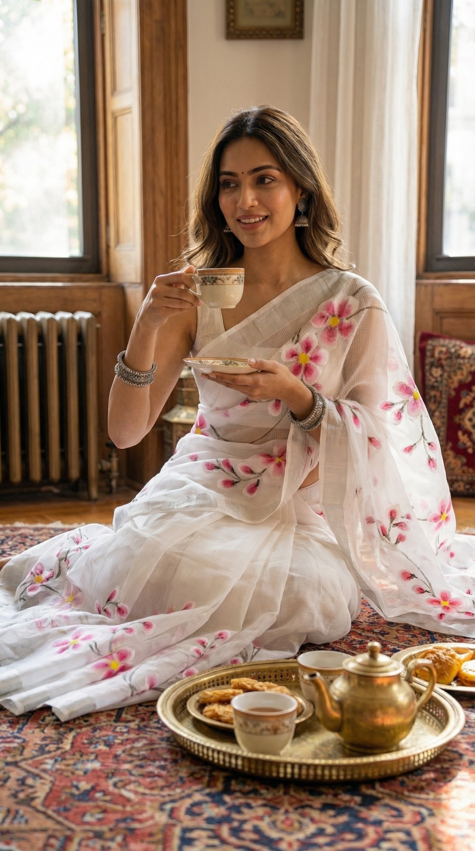 Woman wearing a white-pink-floral-kota-doria-saree, enjoying tea in a cozy room.