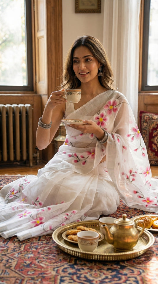 Woman wearing a white-pink-floral-kota-doria-saree, enjoying tea in a cozy room.