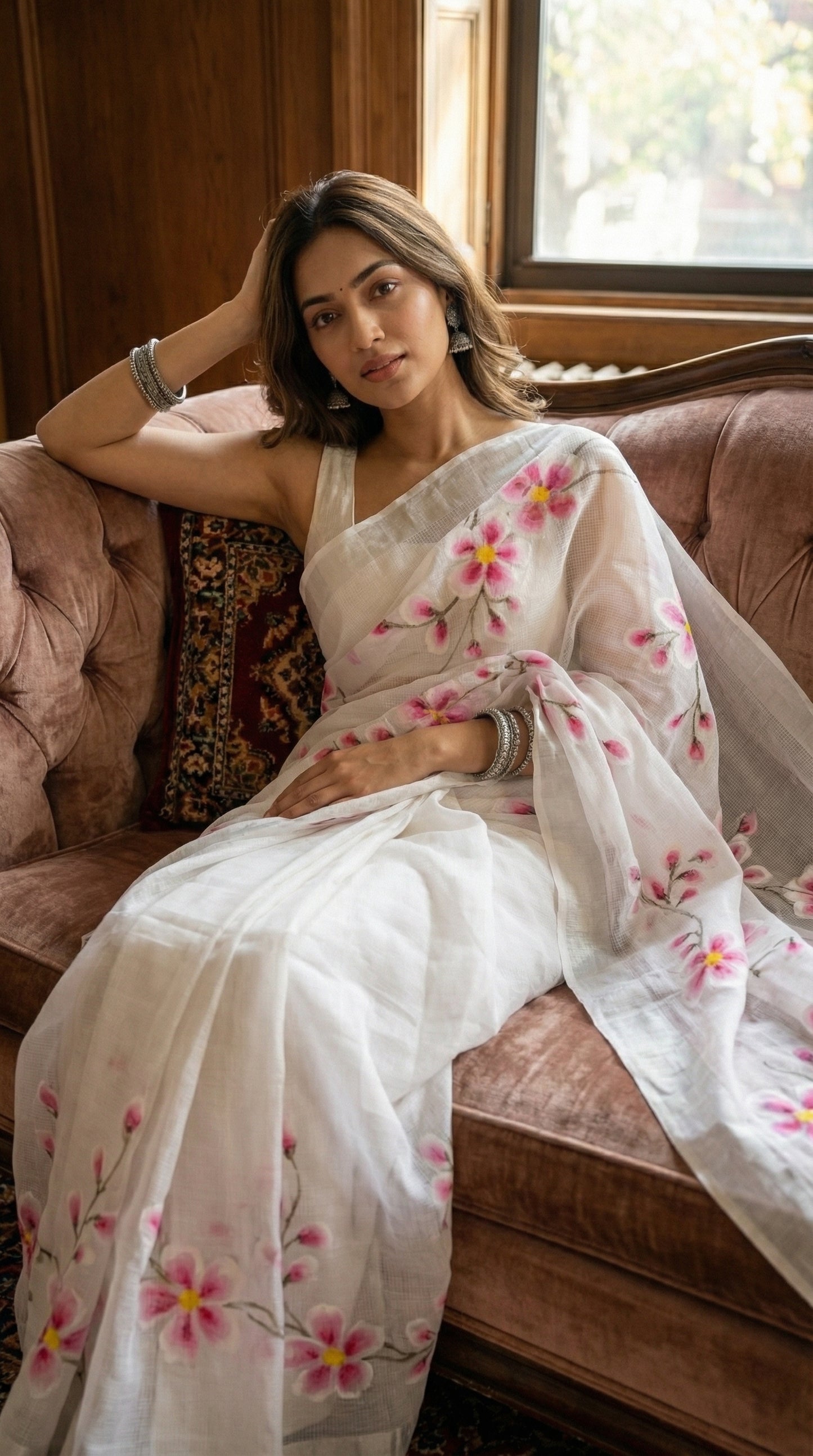 Woman wearing a white-pink-floral-kota-doria-saree, sitting on a pink couch.