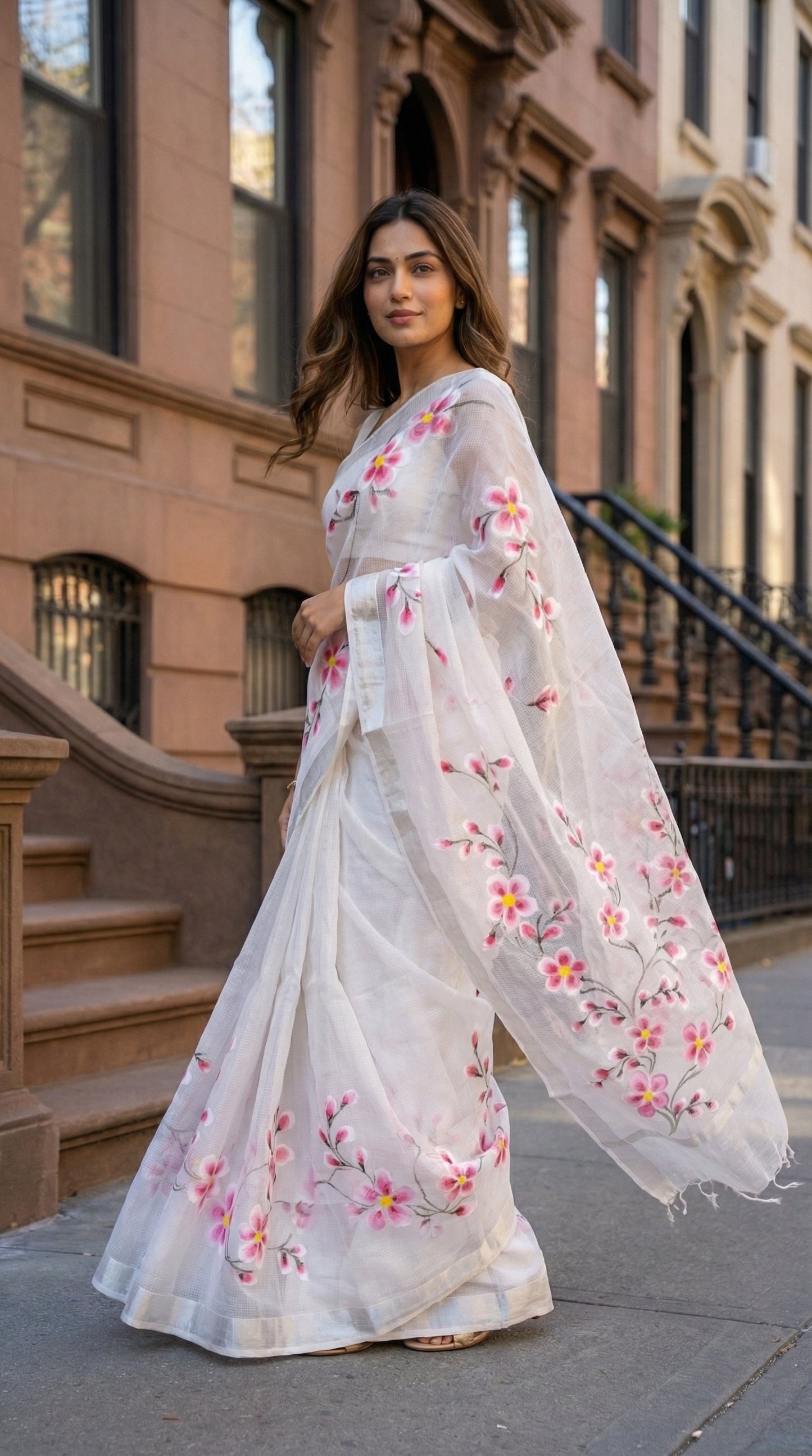 Woman wearing a white-pink-floral-kota-doria-saree, standing on a city street.