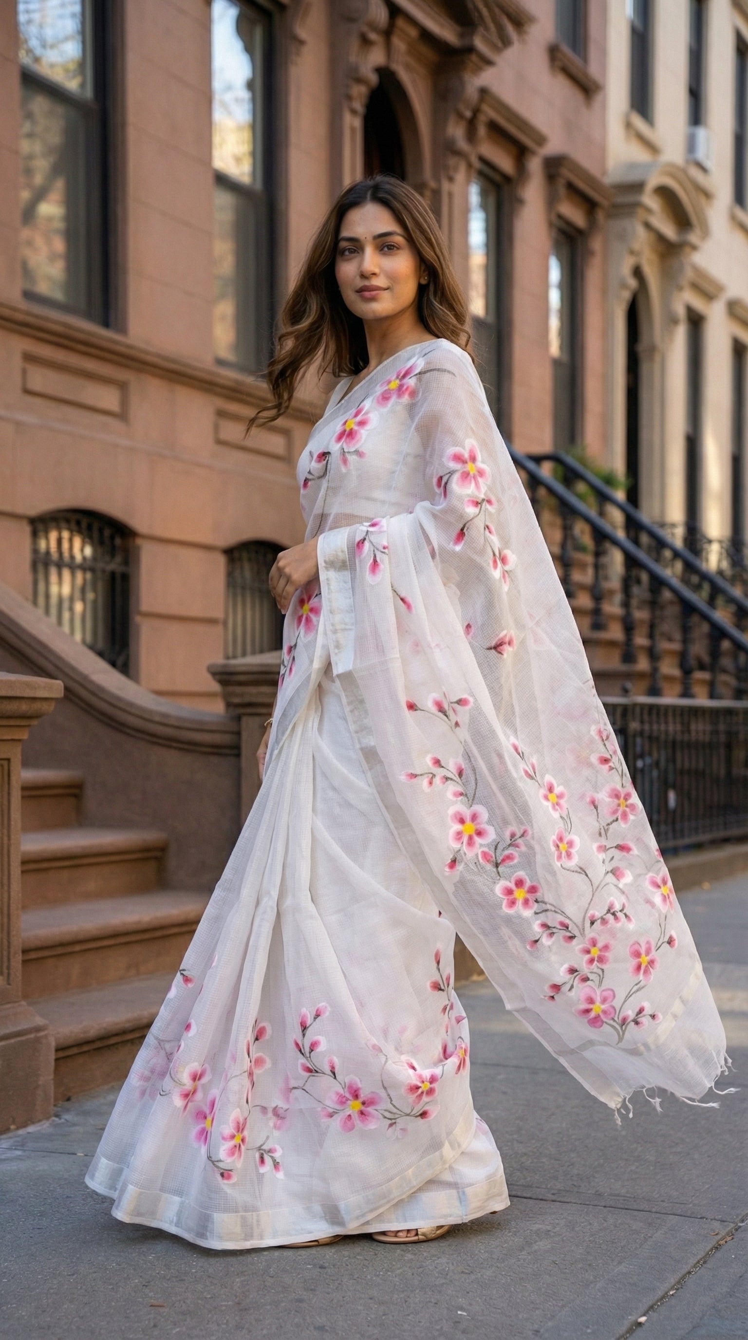 Woman wearing a white-pink-floral-kota-doria-saree, standing on a city street.